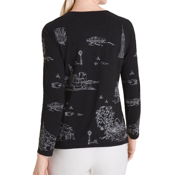 Chico's Embroidered Scenic Long Sleeve Cotton Modal Tee Medium Black - Picture 2 of 14